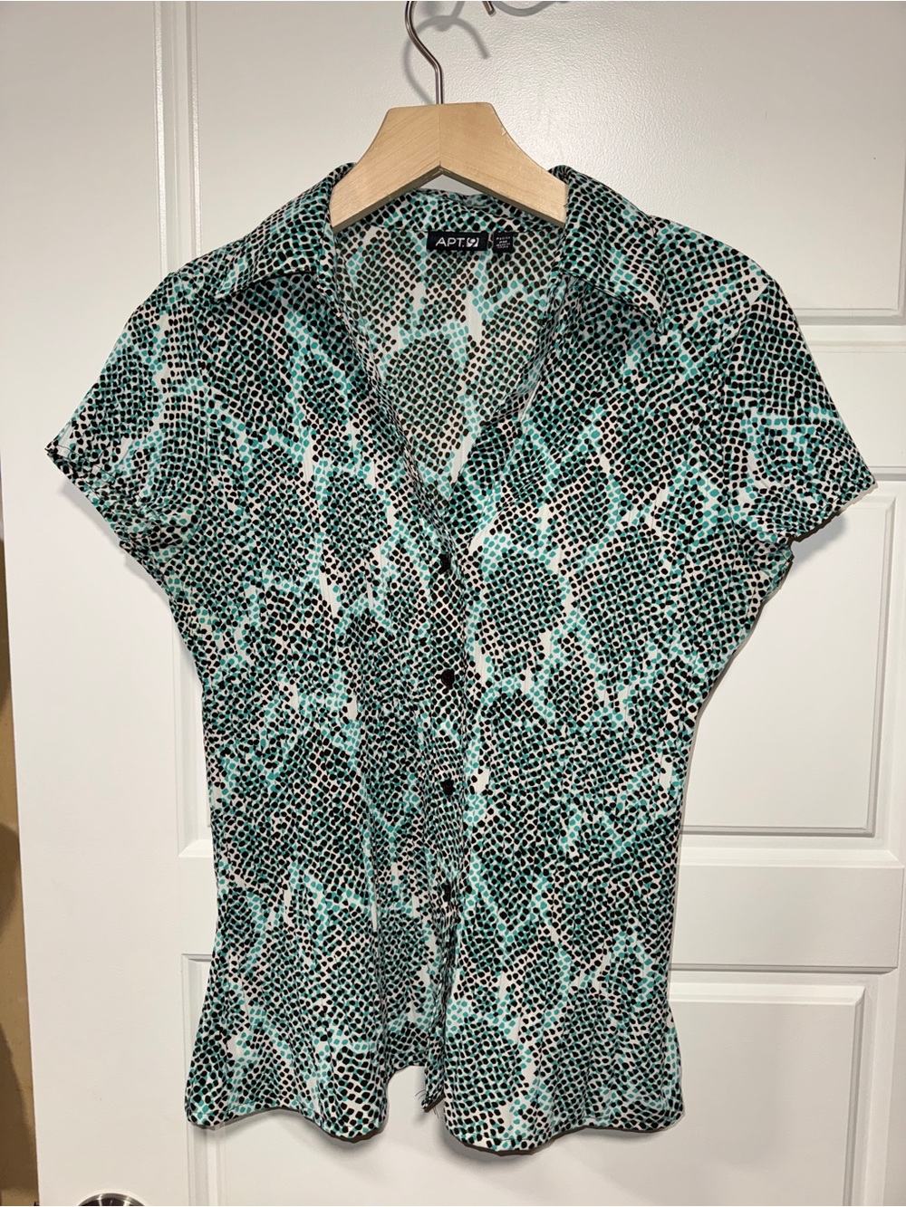 Apt. 9 Teal, Black and White Patterned Short-Sleeve Button-Down Shirt
